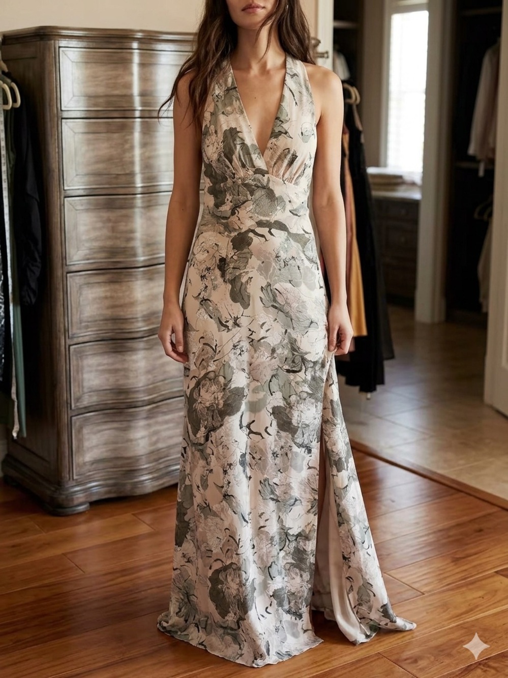 hinge Floral Halter Maxi Dress in Blush and Sage